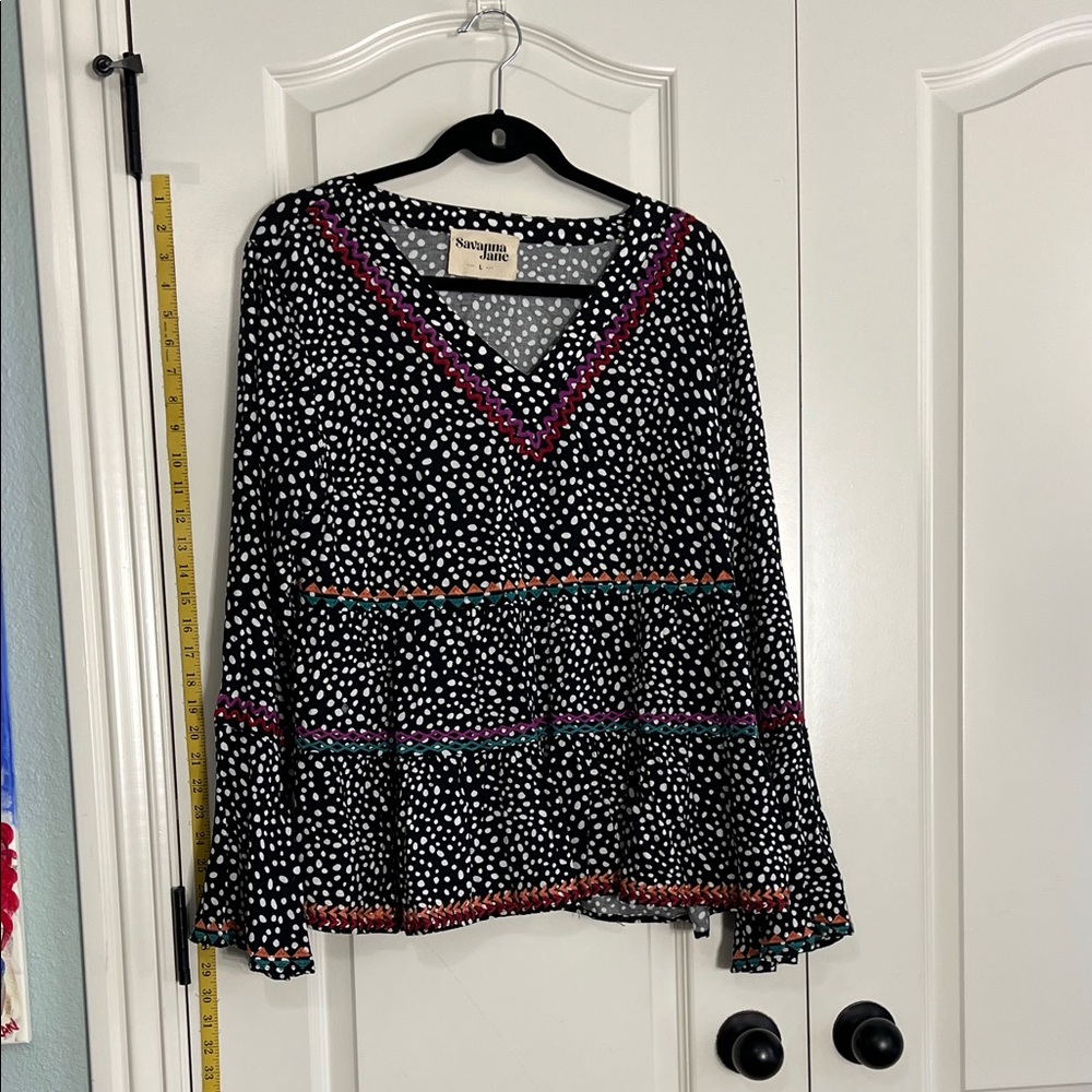 Savanna Jane Black Polka Dot V-Neck Tunic with Colorful Trim